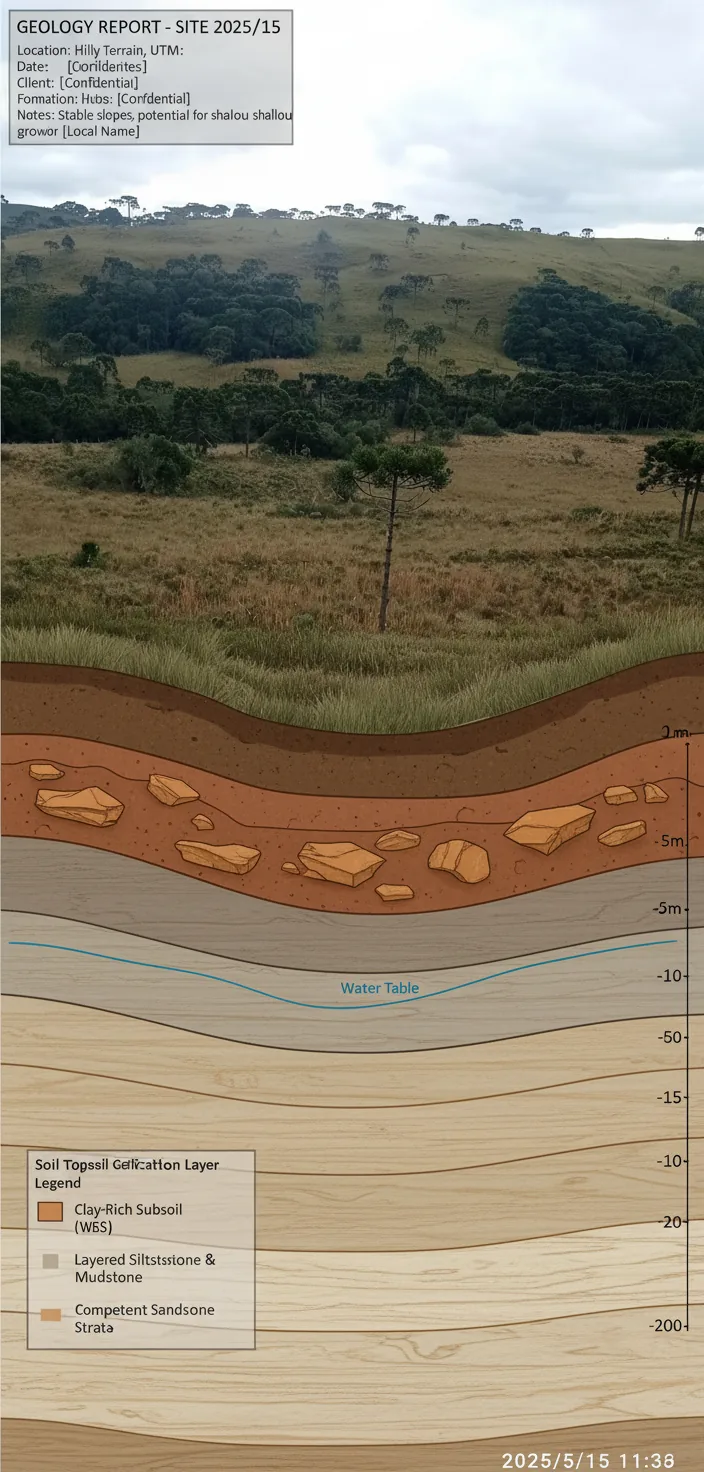 Perfil geológico do site 2025/15 com camadas de solo, subsolo argiloso, siltito/mudstone e arenito competente — terreno colinoso em Santa Catarina