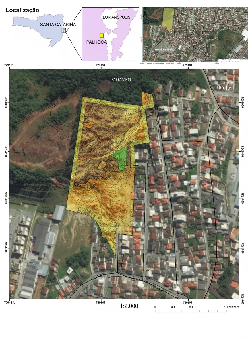 Mapa topográfico com curvas de nível sobre ortofoto — Passa Vinte, Palhoça/SC