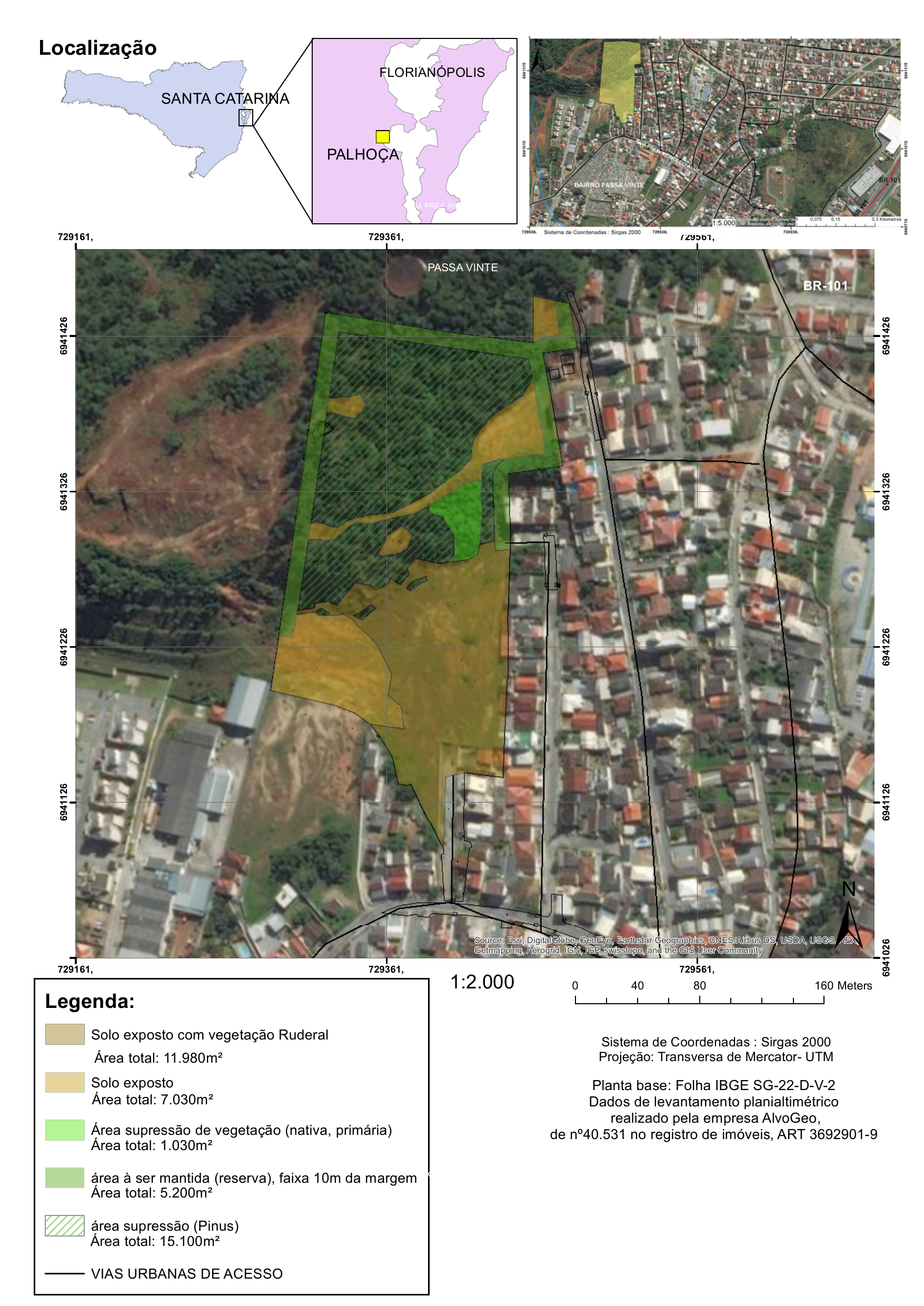 Mapa de localização com legenda mostrando solo exposto, área supressão de vegetação e faixa de reserva — Passa Vinte, Palhoça/SC