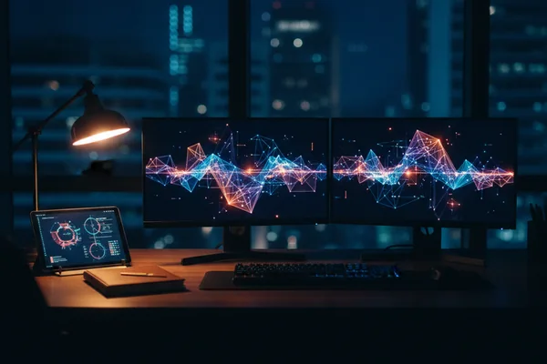 Monitores exibindo painéis de dados e monitoramento em tempo real