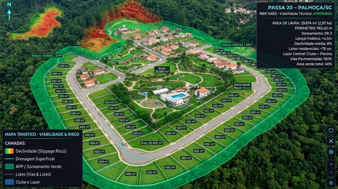 Estudo de viabilidade de loteamento e avaliação NBR 14653 com camadas WebGIS, declividade, APP e análise ambiental