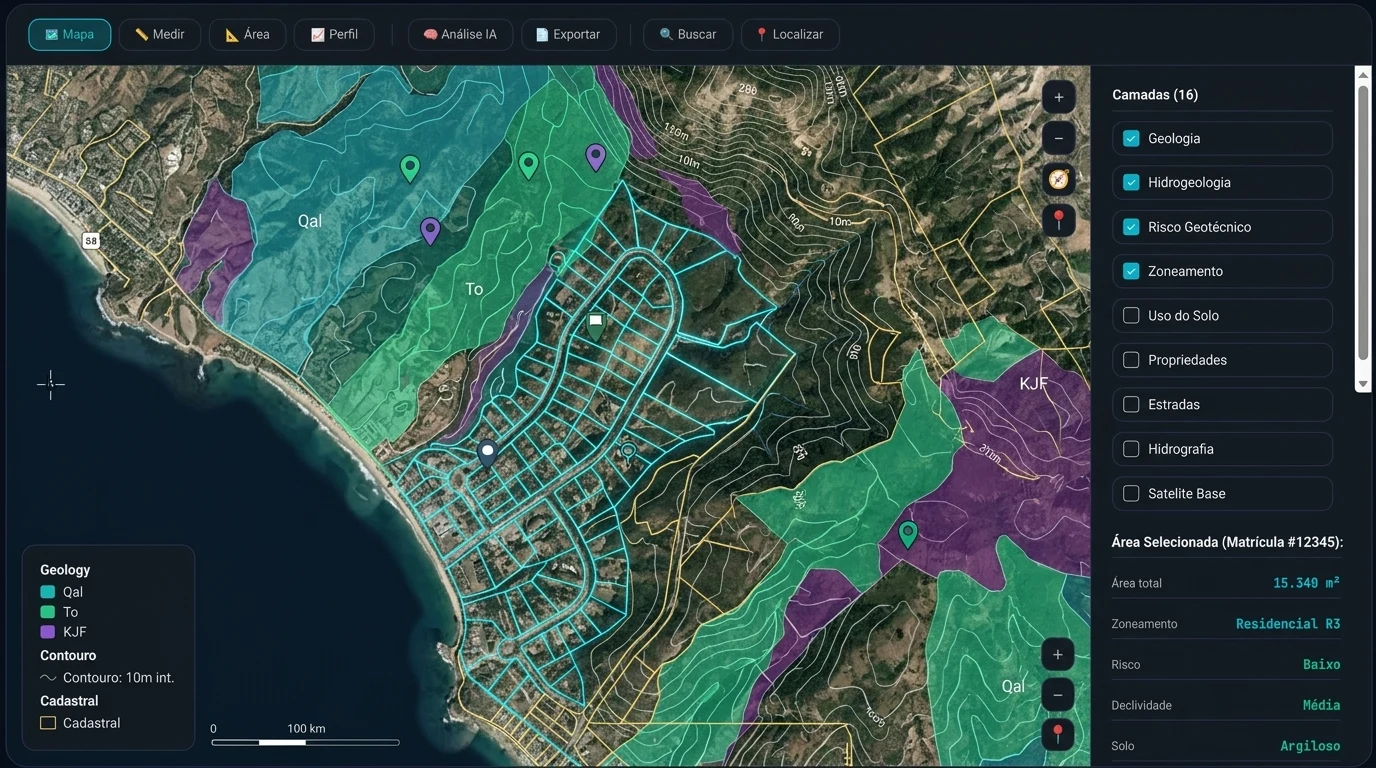 Sistema WebGIS inteligente da IlhaGeo com imagem de satélite, camadas de geologia, curvas de nível e dados vetoriais cadastrais