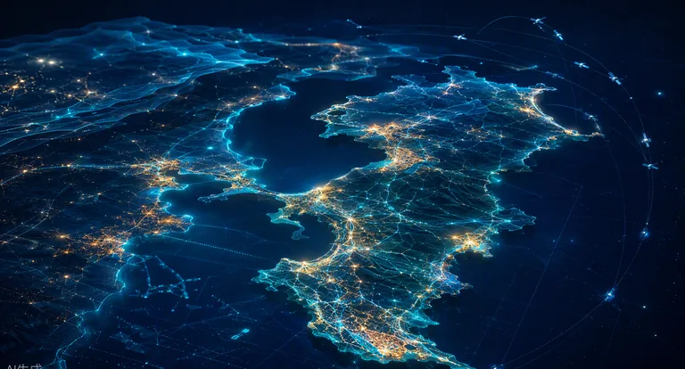 Mapa noturno da ilha com rede de dados georreferenciados — laudos e cartografia técnica